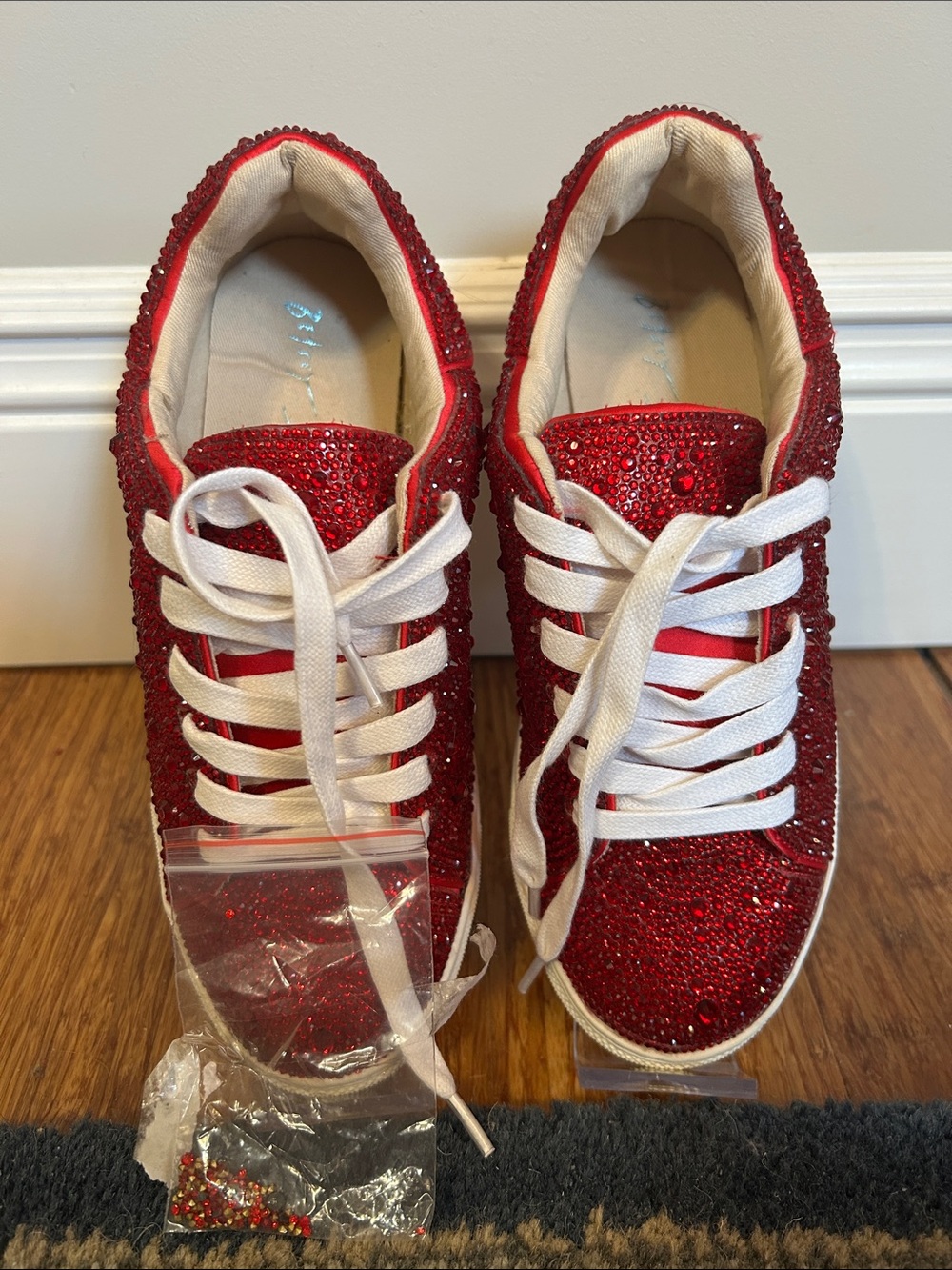 Betsey Johnson Red Crystal Embellished Lace-Up Sneakers